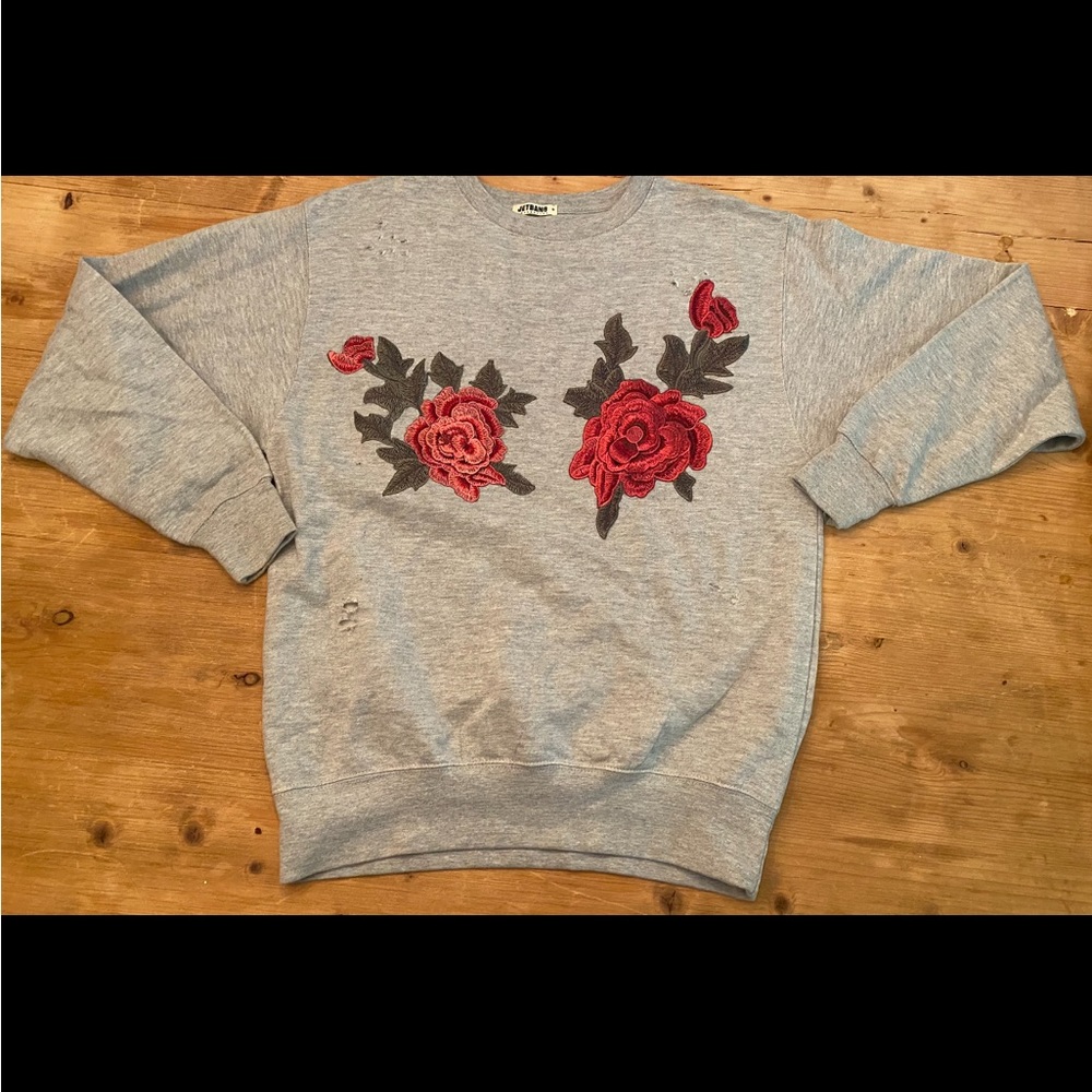 Oversized Rose Appliqué Crewneck distressed sweatshirt medium / large